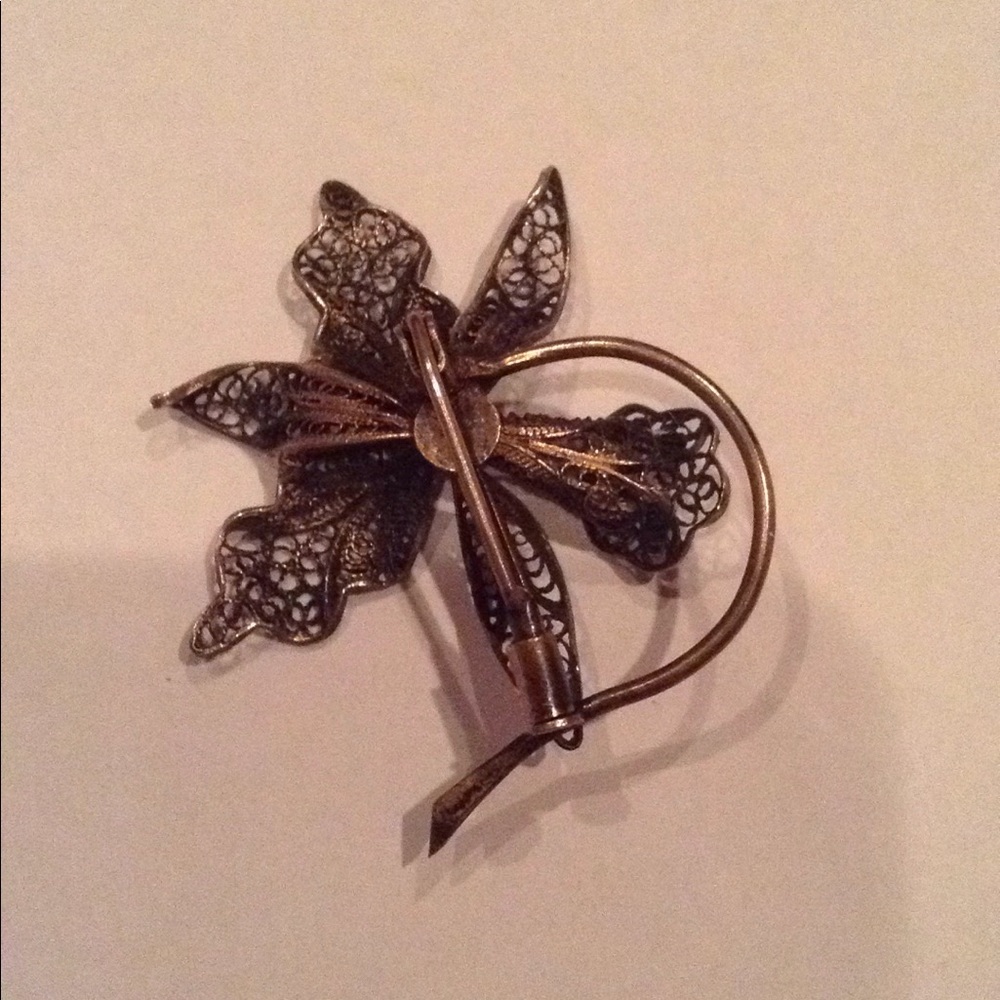 Antique Sterling Silver Filigree Orchid Pin - Picture 2 of 2
